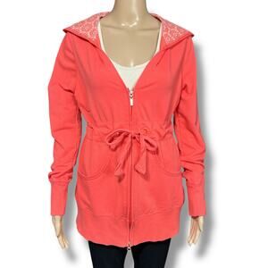 Danskin Now Womens Hoodie Hooded Sweatshirt Full Zip Tunic Length Pink Medium